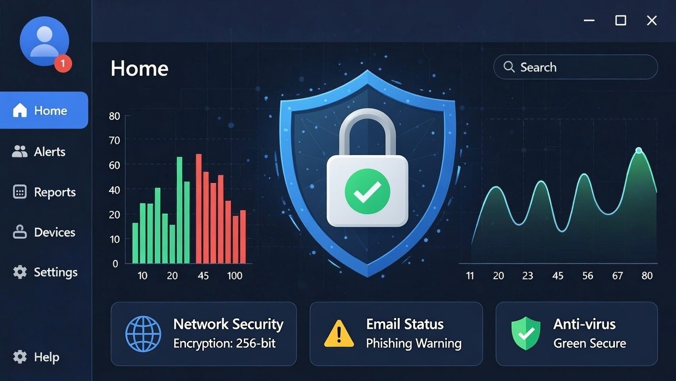 Cybersecurity shield and lock with monitoring graphs