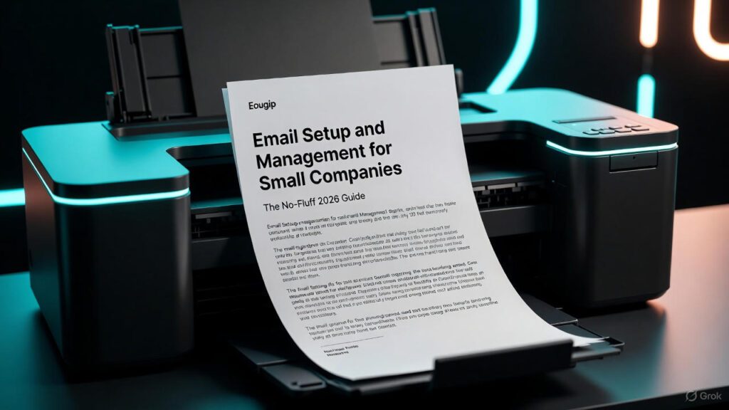 Freshly printed page emerging from a high-tech printer displaying the title 'Email Setup and Management for Small Companies: The No-Fluff 2026 Guide' by ForgeGuard IT, a Wisconsin cybersecurity MSP