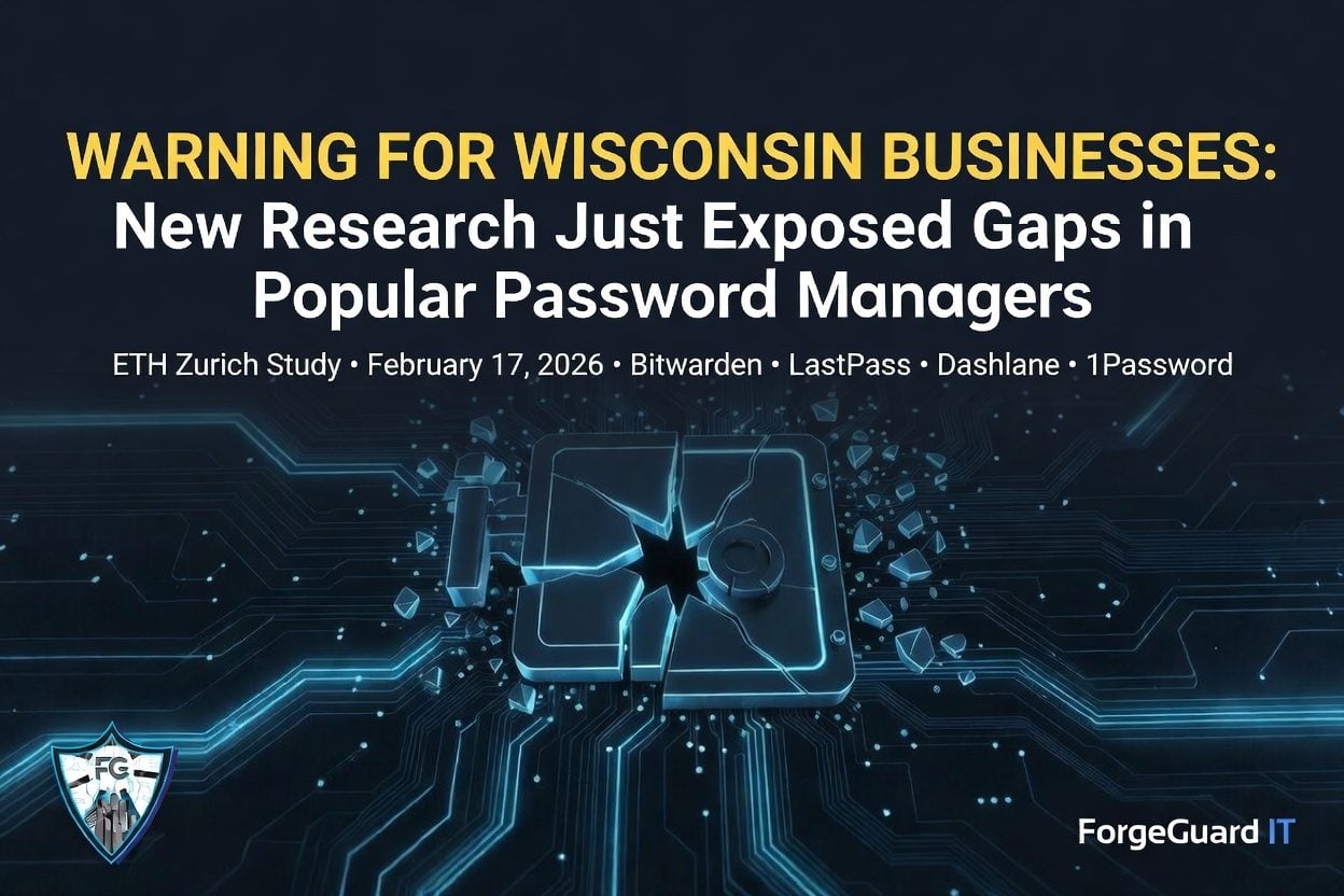 Dark professional cybersecurity header graphic showing a cracked digital password vault with glowing blue circuit board background. Yellow headline reads "WARNING FOR WISCONSIN BUSINESSES: New Research Just Exposed Gaps in Popular Password Managers" with ETH Zurich Study details for Bitwarden, LastPass, Dashlane, and 1Password. ForgeGuard IT logo and shield. Illustrates latest password manager security research for Wisconsin businesses.